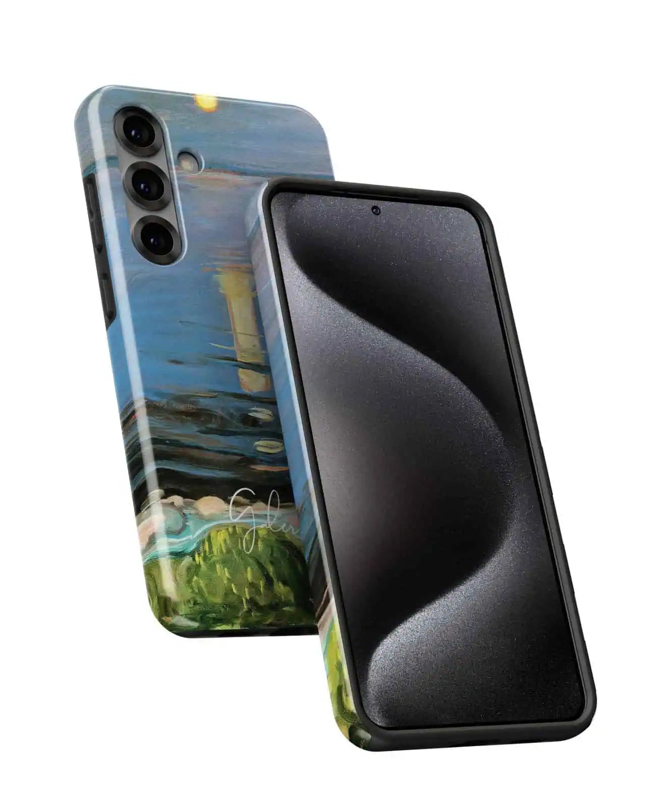 Angled front and back view of Galerifia Summer Night on the Beach Samsung Galaxy phone case