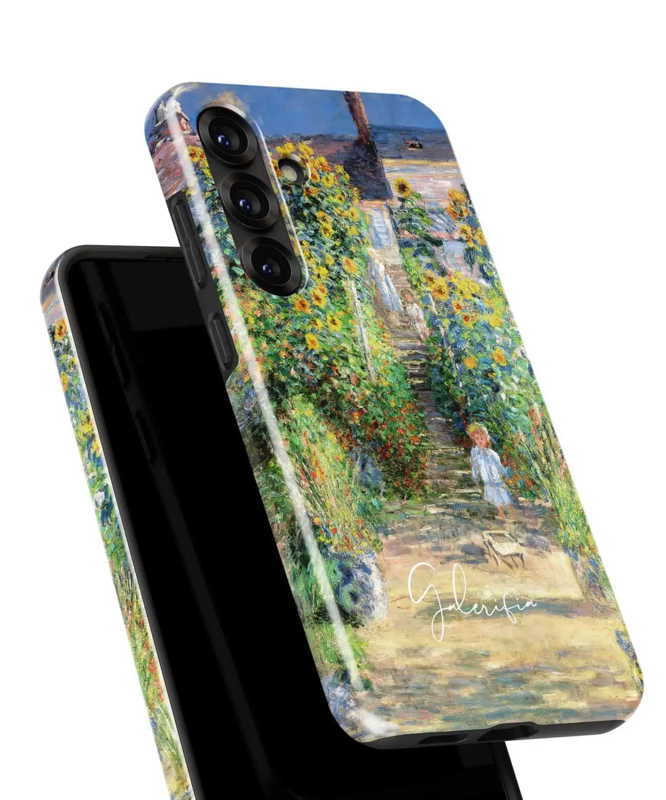 Angled view of Galerifia The Artist’s Garden at Vétheuil by Claude Monet artwork on a Samsung Galaxy phone case