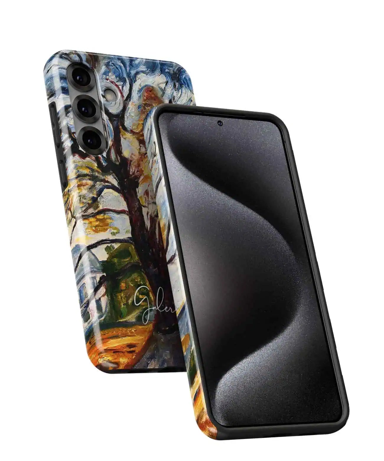 Angled front and back view of Galerifia The Oak by Edvard Munch on a Samsung Galaxy case