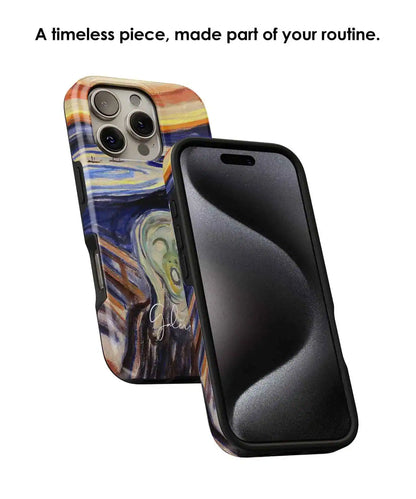 Angled view of Galerifia The Scream by Edvard Munch artwork on an iPhone phone case