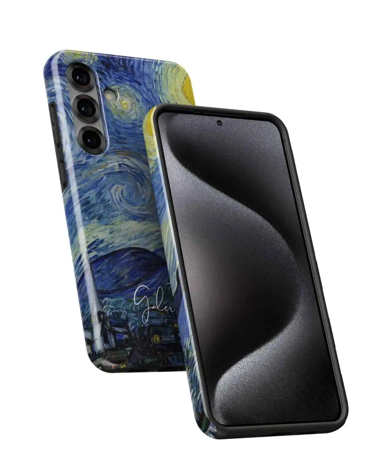 Angled front and back view of Galerifia The Starry Night by Vincent van Gogh on a Samsung Galaxy case