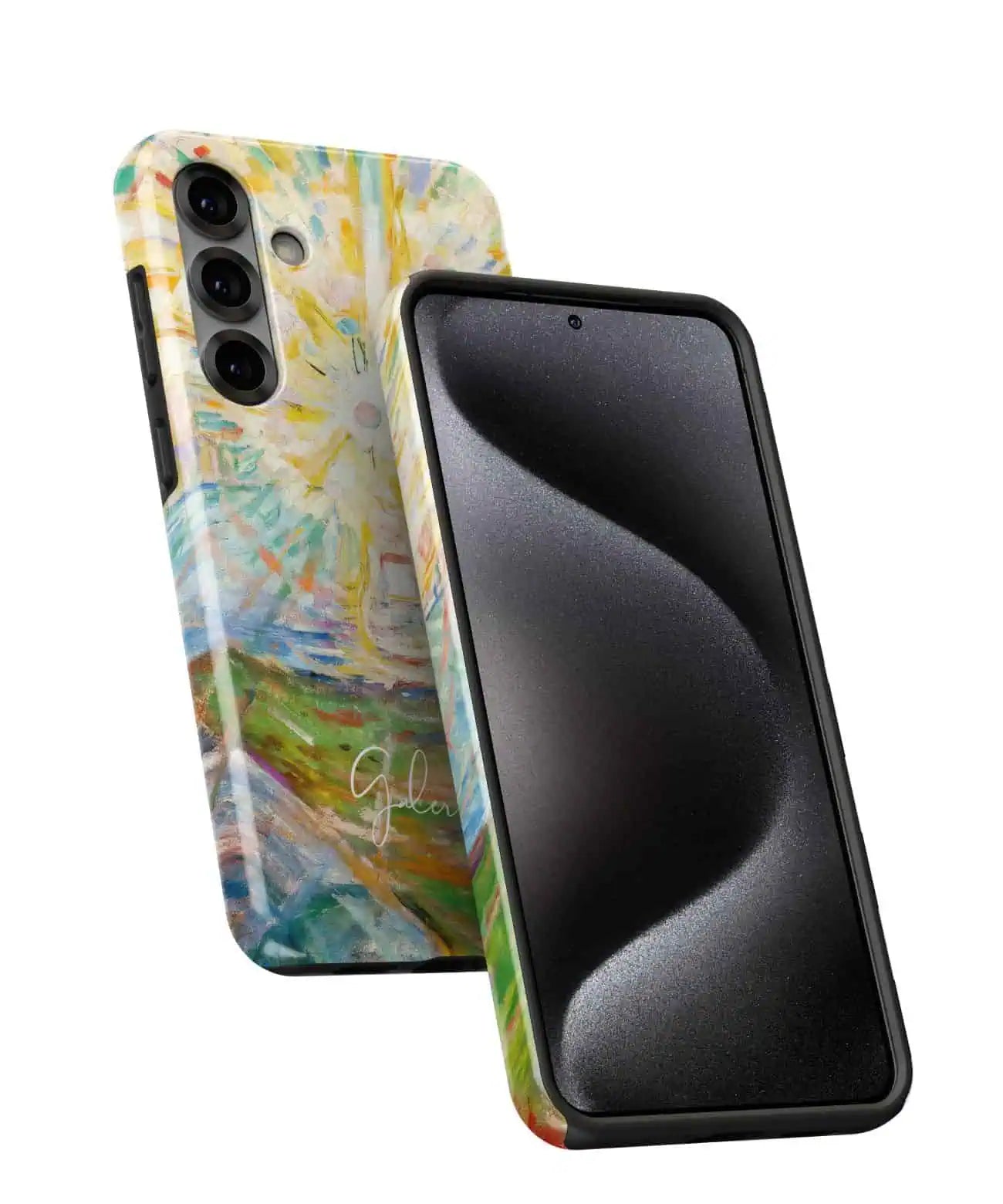 Angled front and back view of Galerifia The Sun by Edvard Munch on a Samsung Galaxy case