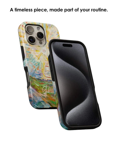 Angled view of Galerifia The Sun by Edvard Munch artwork on an iPhone phone case