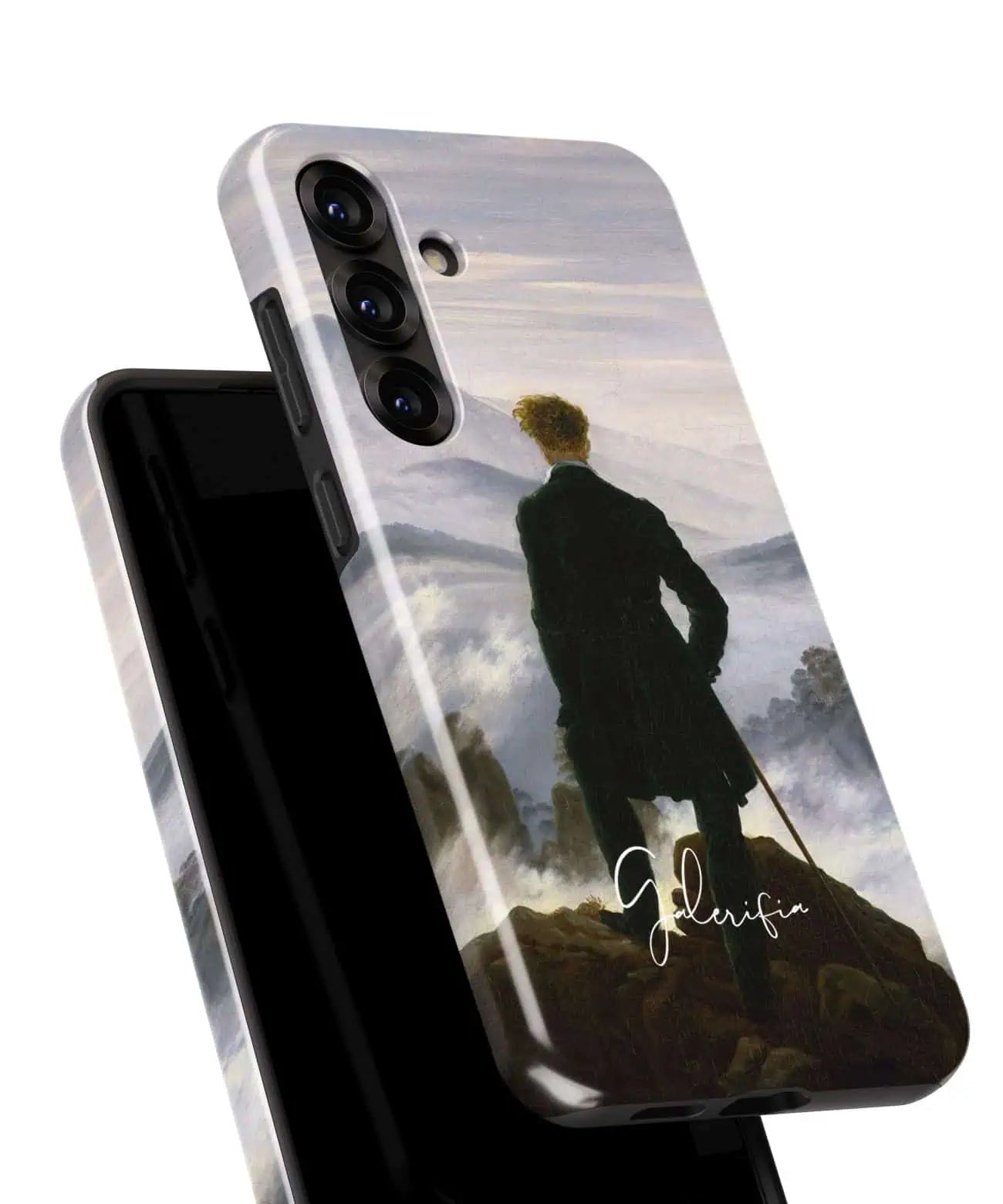 Angled back view of Galerifia Wanderer above the Sea of Fog by Caspar David Friedrich on a Samsung Galaxy case