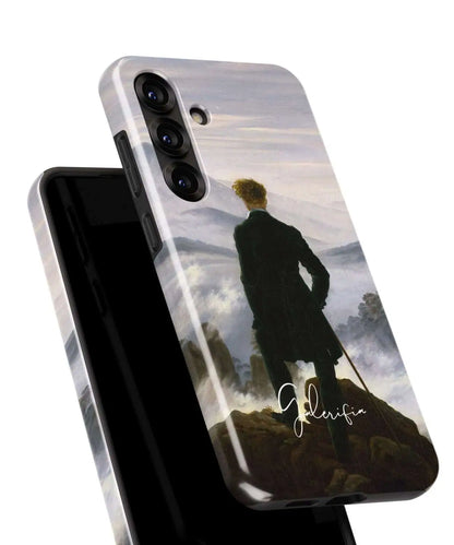 Angled back view of Galerifia Wanderer above the Sea of Fog by Caspar David Friedrich on a Samsung Galaxy case