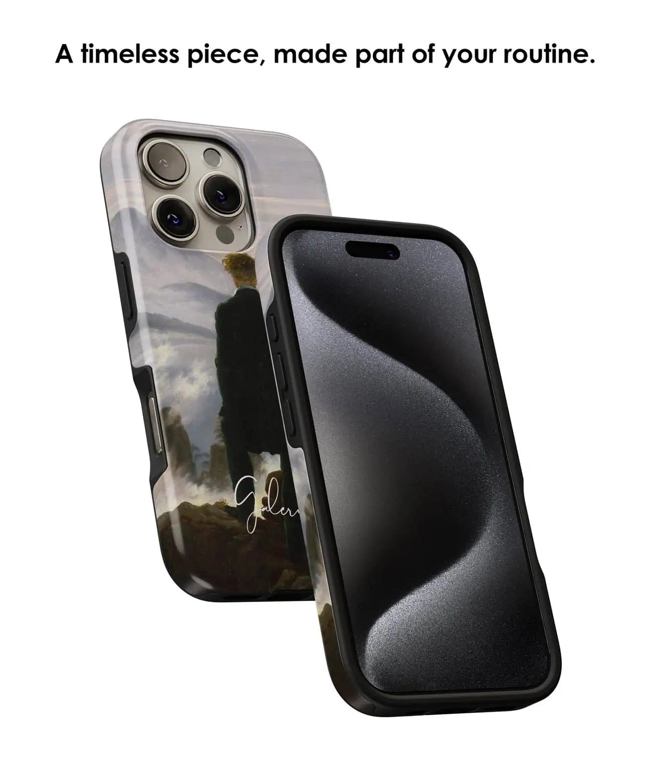 Angled view of Galerifia Wanderer above the Sea of Fog by Caspar David Friedrich artwork on an iPhone phone case