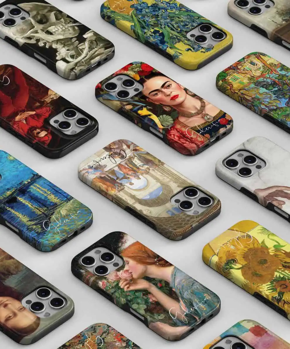 Galerifia art phone case collection showing multiple famous painting designs on iPhone cases