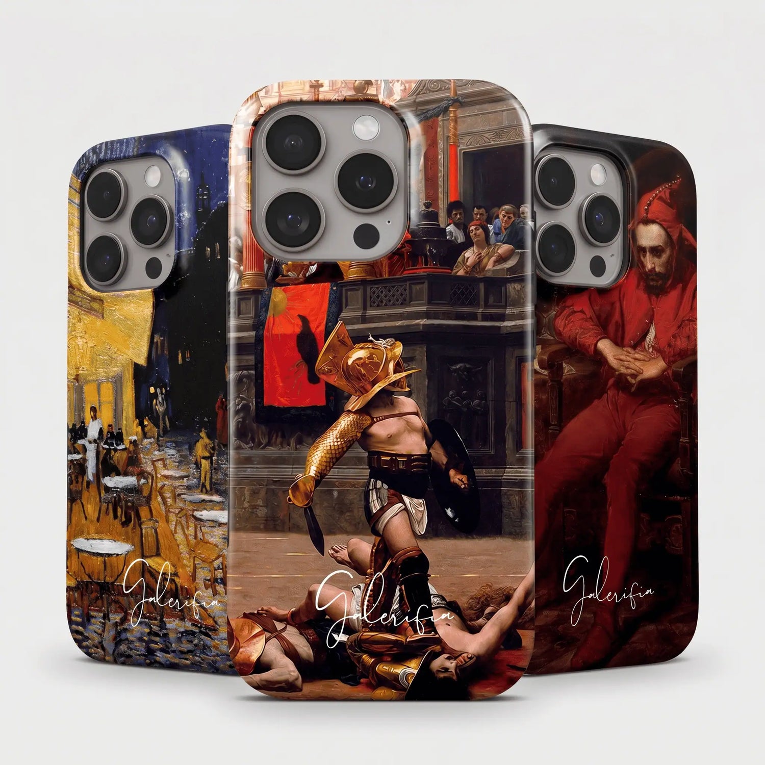 Galerifia iPhone phone cases featuring classic artworks including café terrace and renaissance painting designs