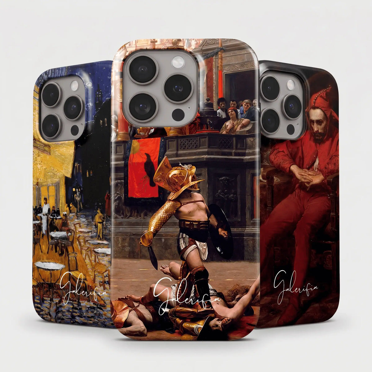 Galerifia iPhone phone cases featuring classic artworks including café terrace and renaissance painting designs
