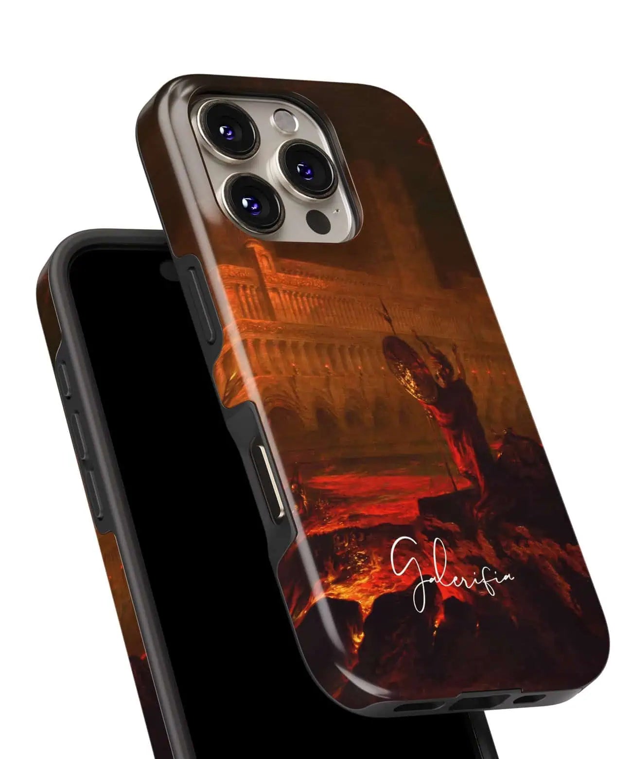 Close-up view of Galerifia iPhone art phone case featuring detailed artwork and brand signature
