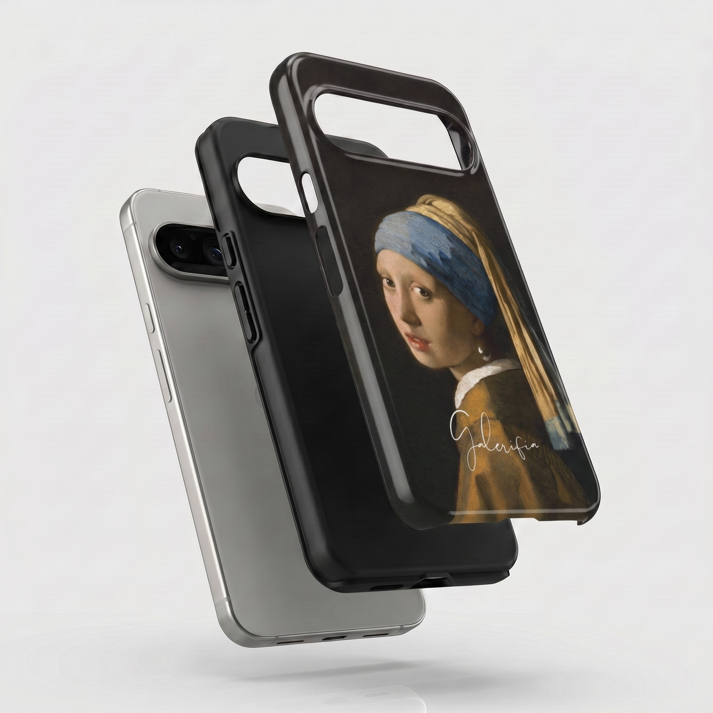 Exploded view of tough Google Pixel case featuring Girl with a Pearl Earring by Johannes Vermeer artwork
