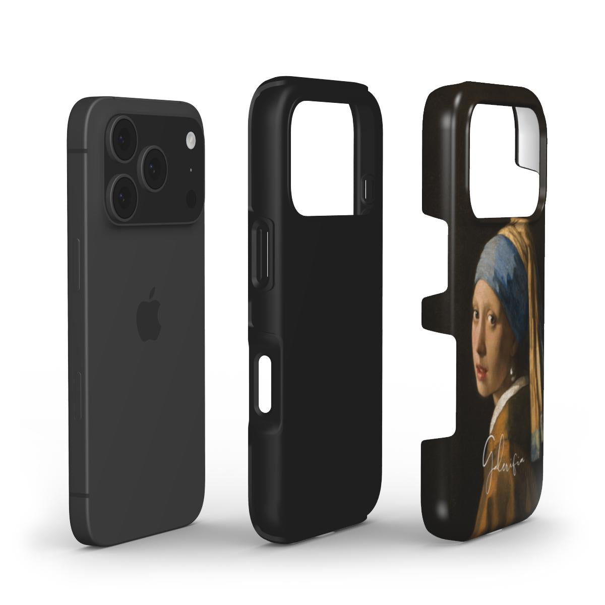 Exploded view of Galerifia tough iPhone case featuring Girl with a Pearl Earring by Johannes Vermeer with dual layer protective construction.