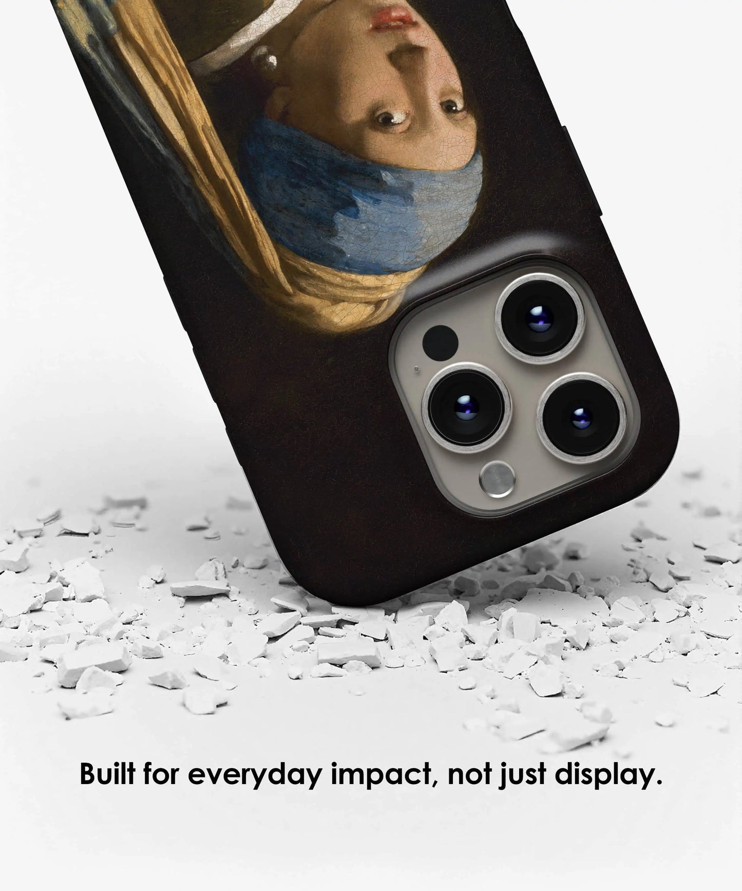 Protective tough iPhone case featuring Girl with a Pearl Earring by Johannes Vermeer displayed with impact resistant design by Galerifia.