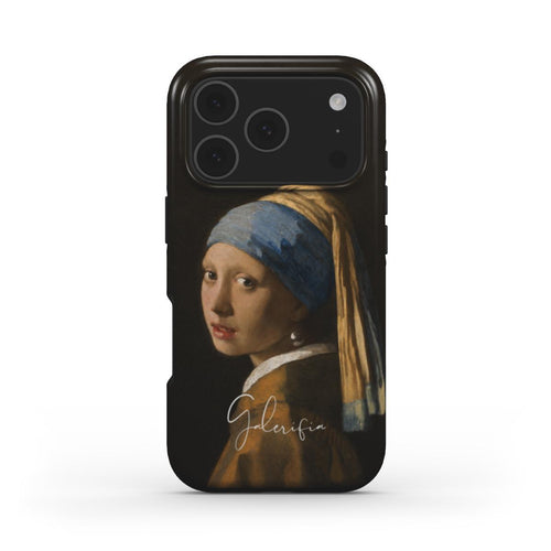 Front view of Girl with a Pearl Earring by Johannes Vermeer fine art iPhone case featuring the iconic portrait artwork by Galerifia.