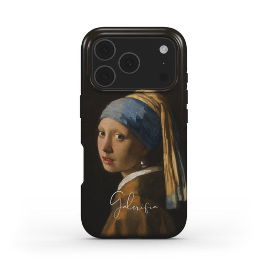 Front view of Girl with a Pearl Earring by Johannes Vermeer fine art iPhone case featuring the iconic portrait artwork by Galerifia.