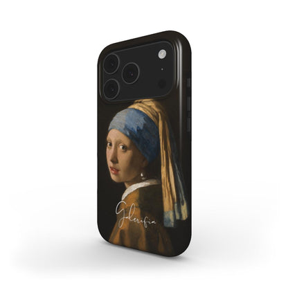 Side angle product render of Girl with a Pearl Earring by Johannes Vermeer printed on a premium tough iPhone case by Galerifia.