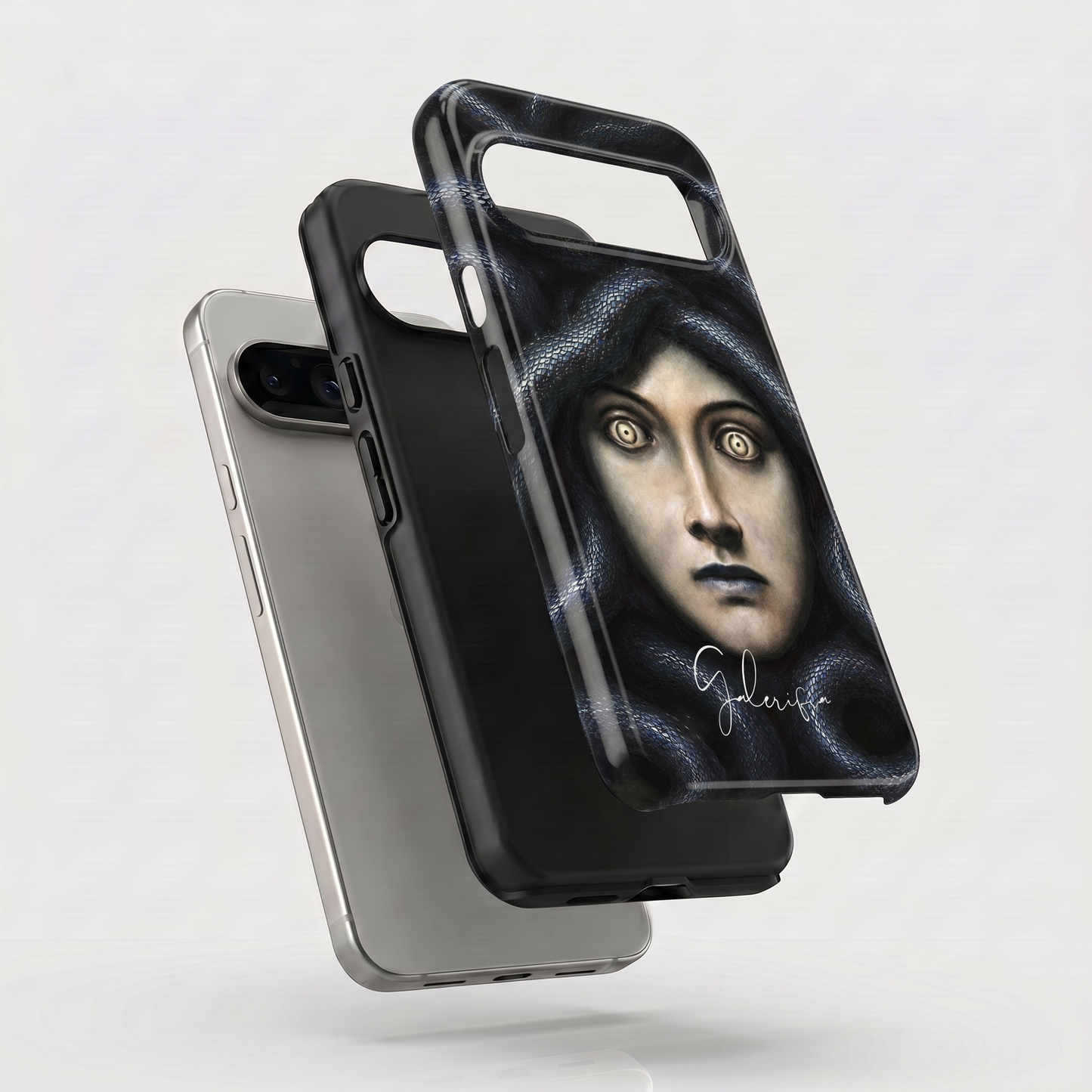 Exploded view of tough Google Pixel case featuring Head of Medusa by Franz von Stuck artwork