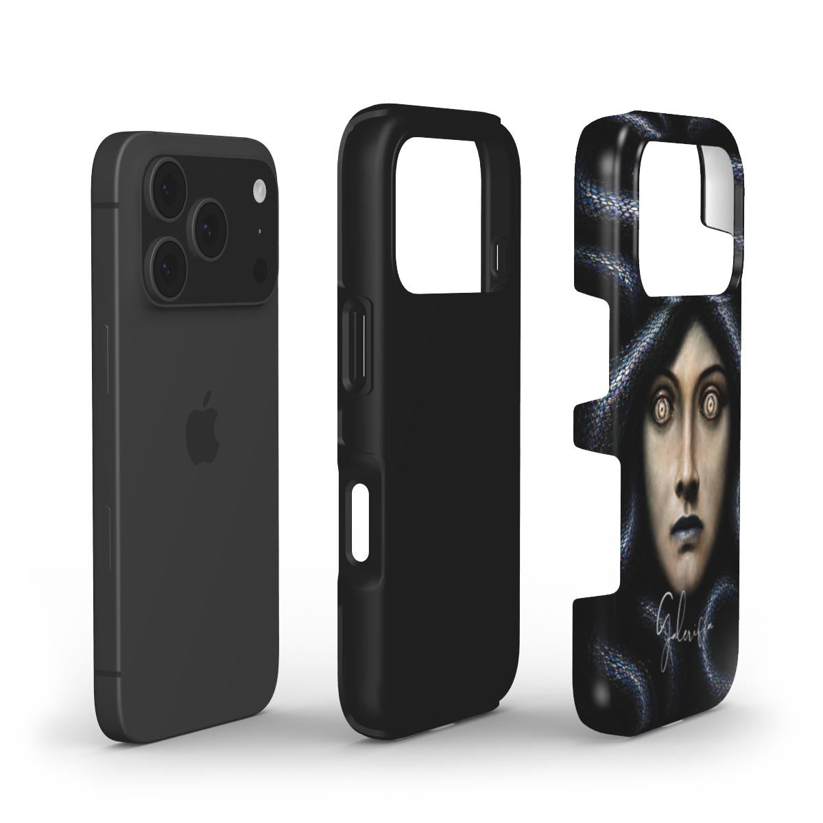 Exploded view of Galerifia tough iPhone case featuring Head of Medusa by Franz von Stuck with dual layer protective construction.