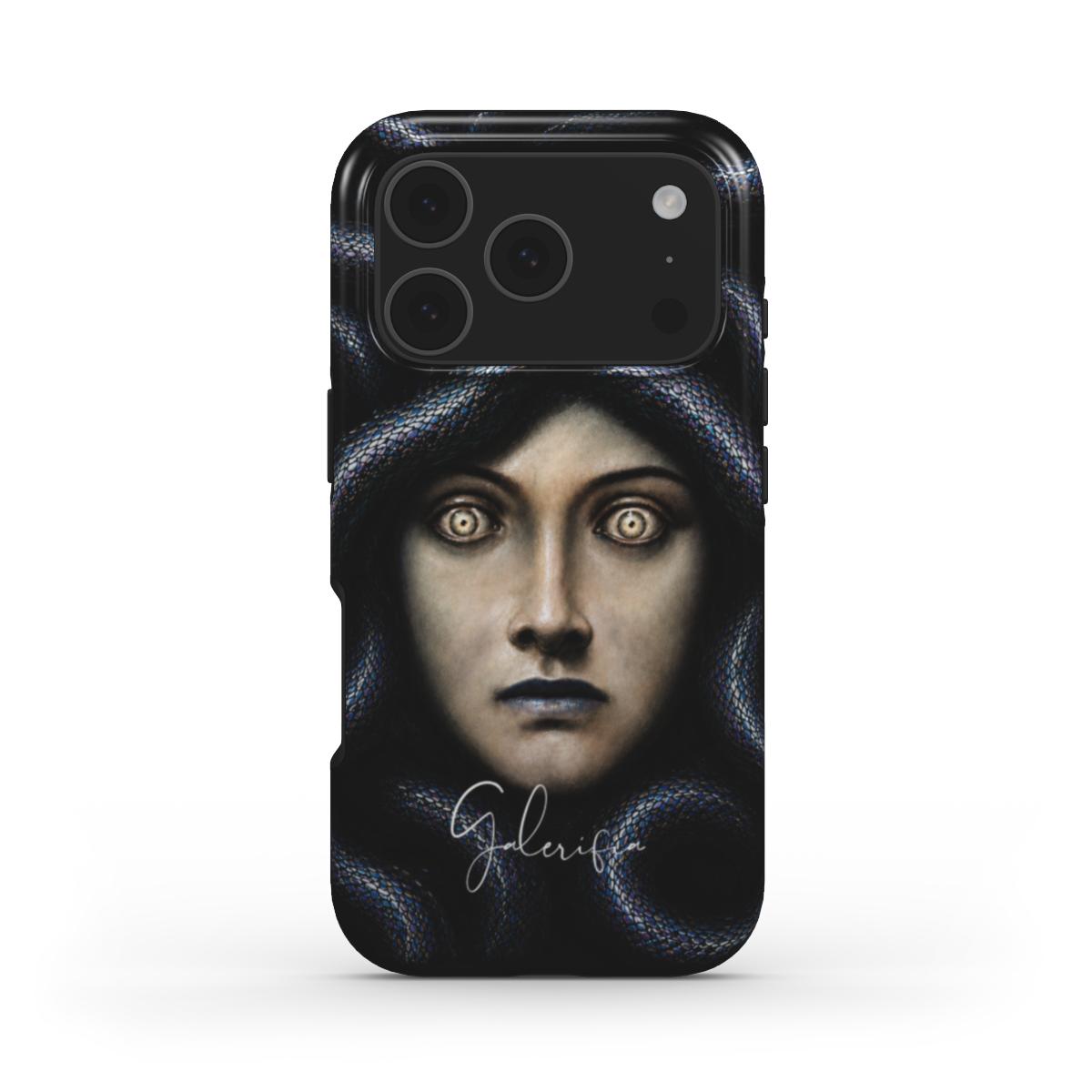 Front view of Head of Medusa by Franz von Stuck fine art iPhone case featuring hypnotic eyes and dark serpent artwork by Galerifia.