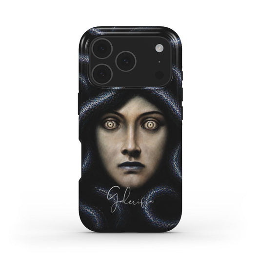 Front view of Head of Medusa by Franz von Stuck fine art iPhone case featuring hypnotic eyes and dark serpent artwork by Galerifia.