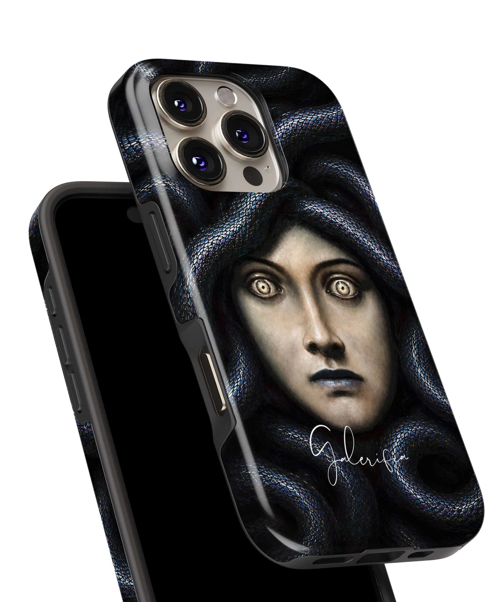 Glossy close-up of Head of Medusa by Franz von Stuck art iPhone case showing detailed serpents and haunting portrait artwork by Galerifia.