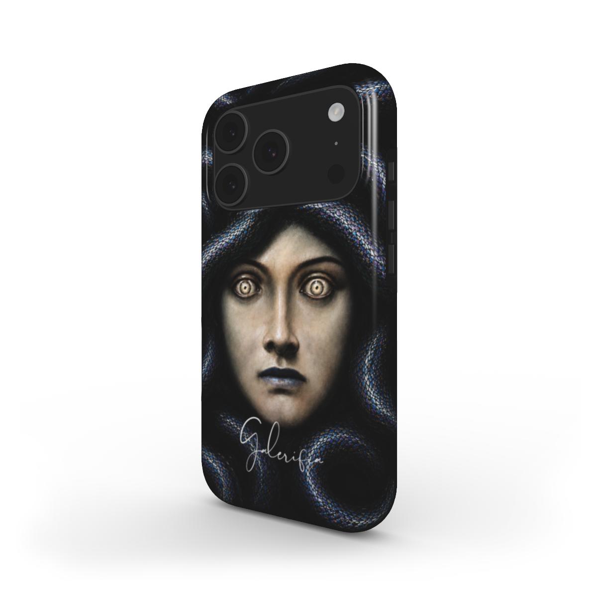 Side angle product render of Head of Medusa by Franz von Stuck printed on a premium tough iPhone case by Galerifia.