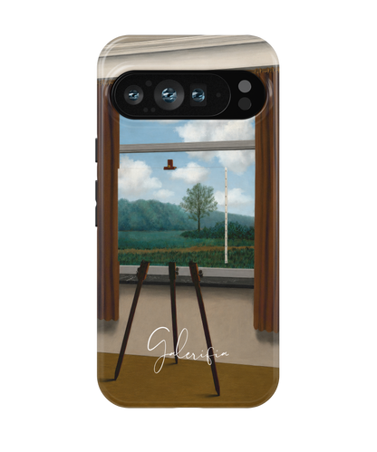 Close-up camera cutout view of La condition humaine by René Magritte Google Pixel phone case