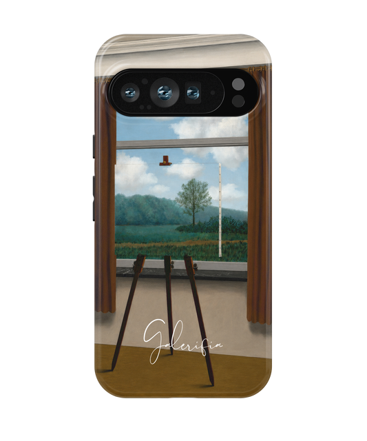 Close-up camera cutout view of La condition humaine by René Magritte Google Pixel phone case
