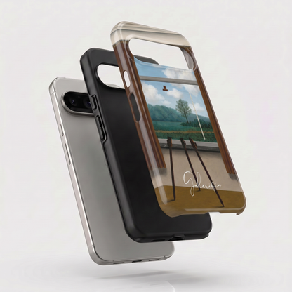 Exploded view of tough Google Pixel case featuring La condition humaine by René Magritte artwork