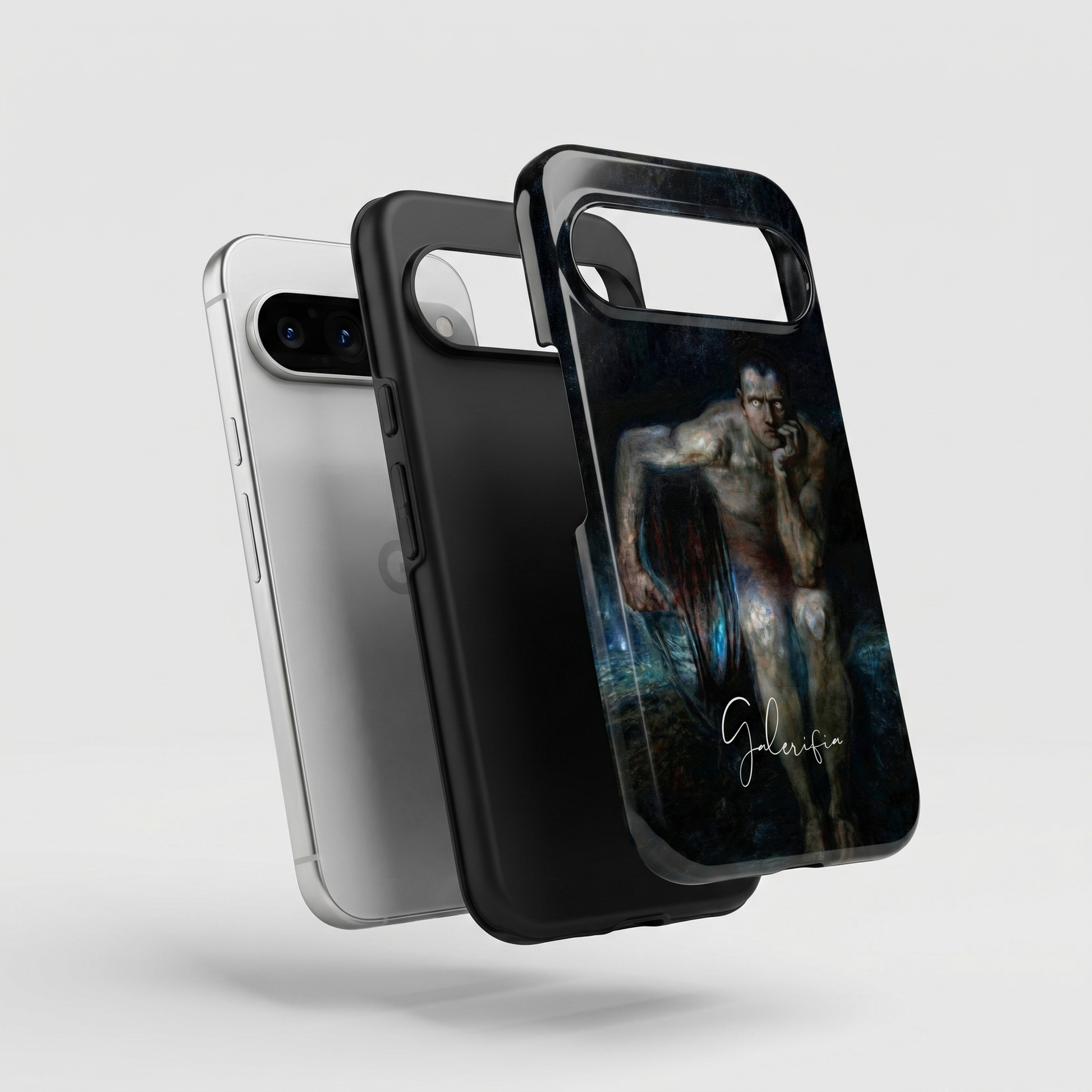 Exploded view of tough Google Pixel case featuring Lucifer by Franz von Stuck artwork