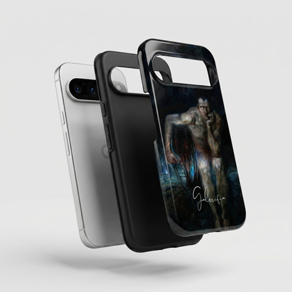 Exploded view of tough Google Pixel case featuring Lucifer by Franz von Stuck artwork