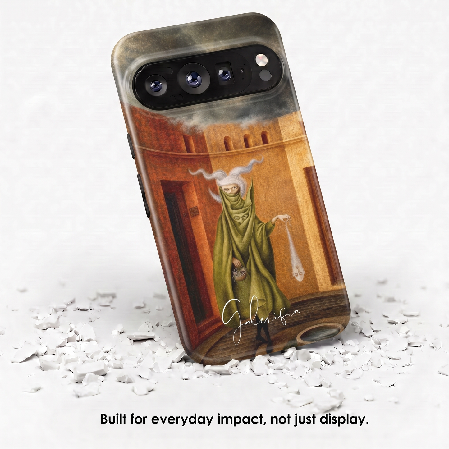 Angled view of Mujer saliendo del psicoanalista by Remedios Varo tough Google Pixel case