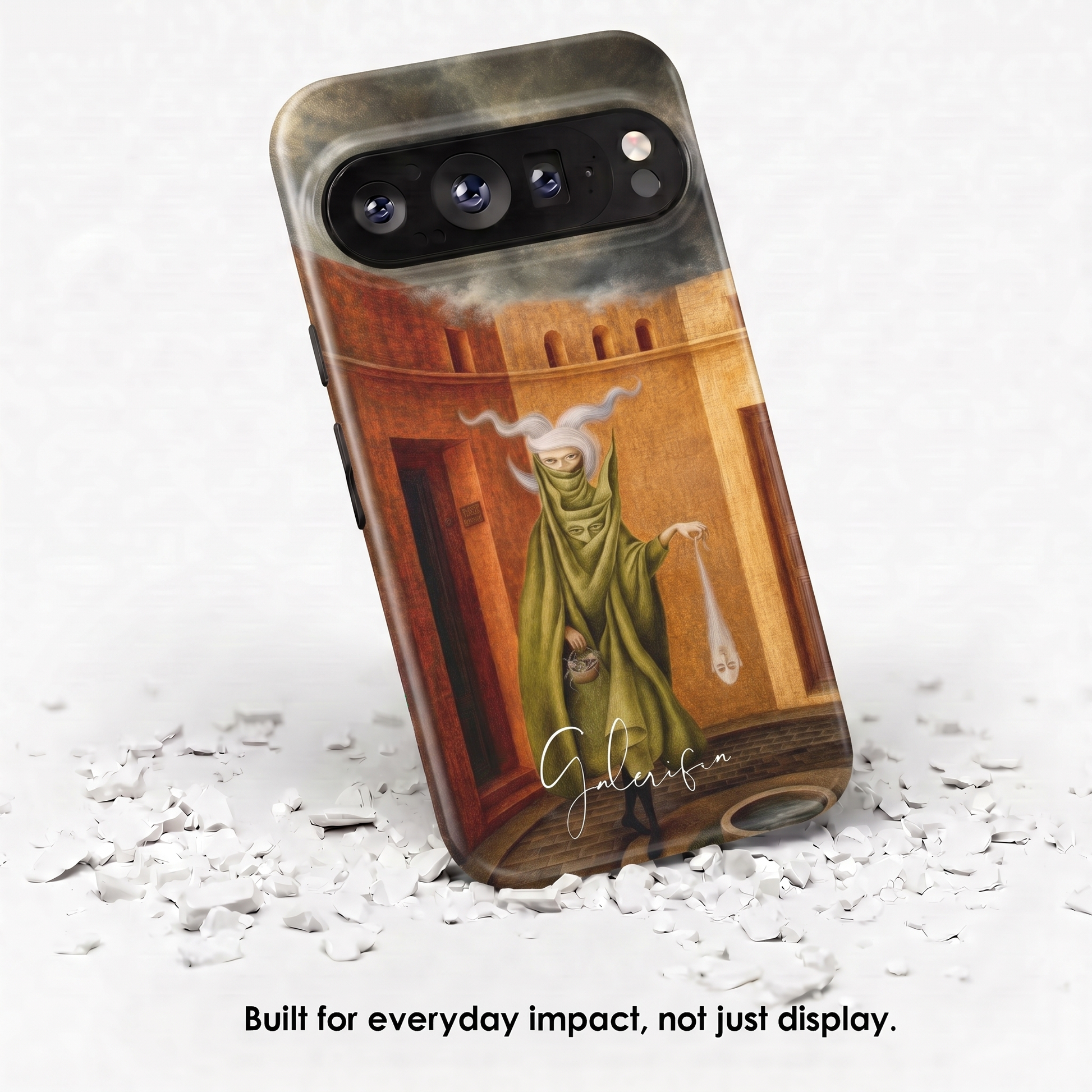 Angled view of Mujer saliendo del psicoanalista by Remedios Varo tough Google Pixel case