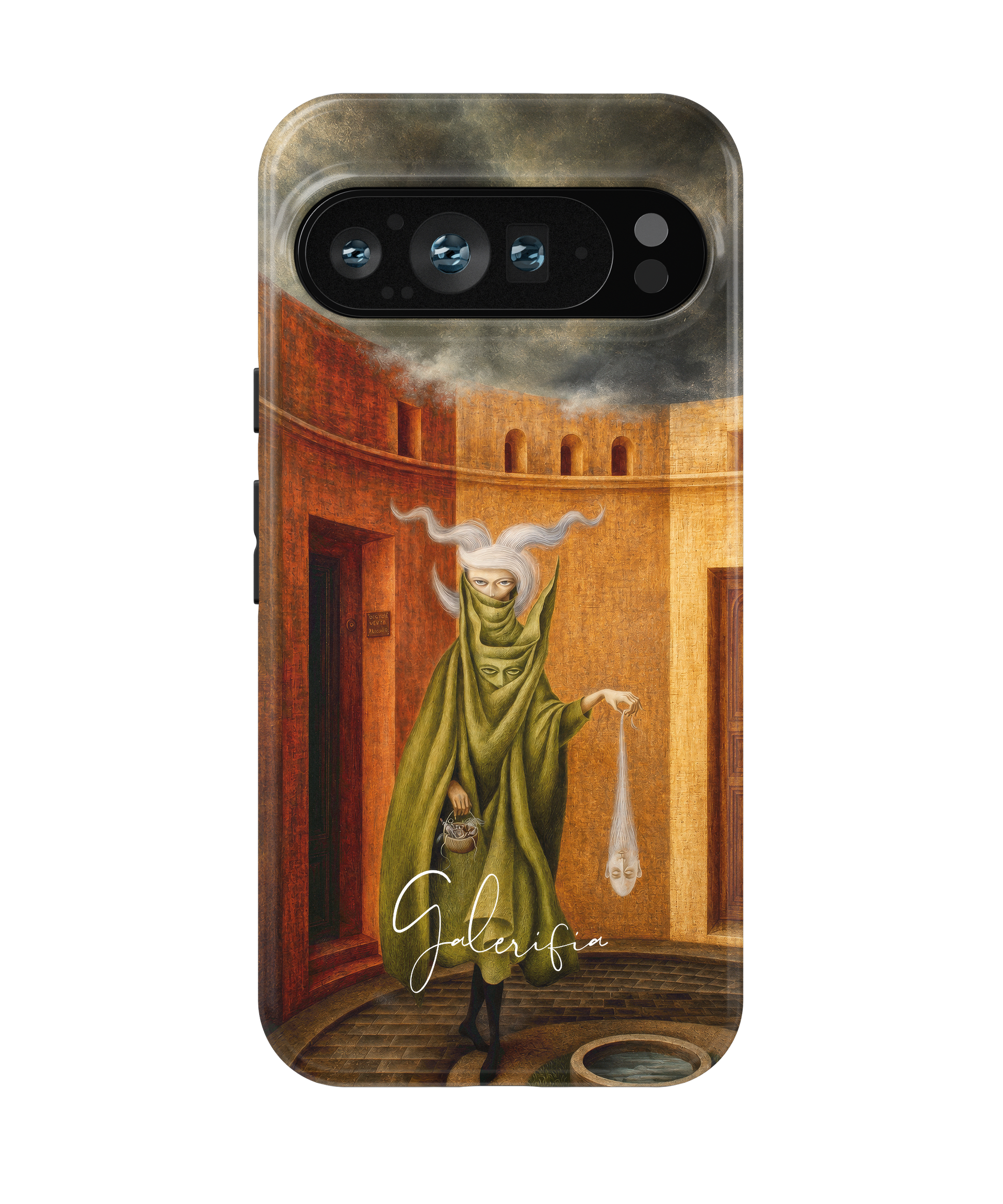Close-up camera cutout view of Mujer saliendo del psicoanalista by Remedios Varo Google Pixel phone case