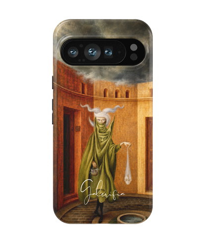 Close-up camera cutout view of Mujer saliendo del psicoanalista by Remedios Varo Google Pixel phone case