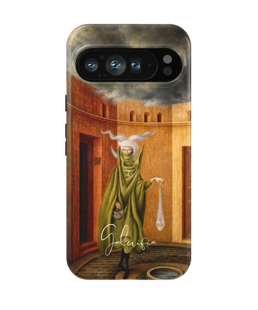 Close-up camera cutout view of Mujer saliendo del psicoanalista by Remedios Varo Google Pixel phone case