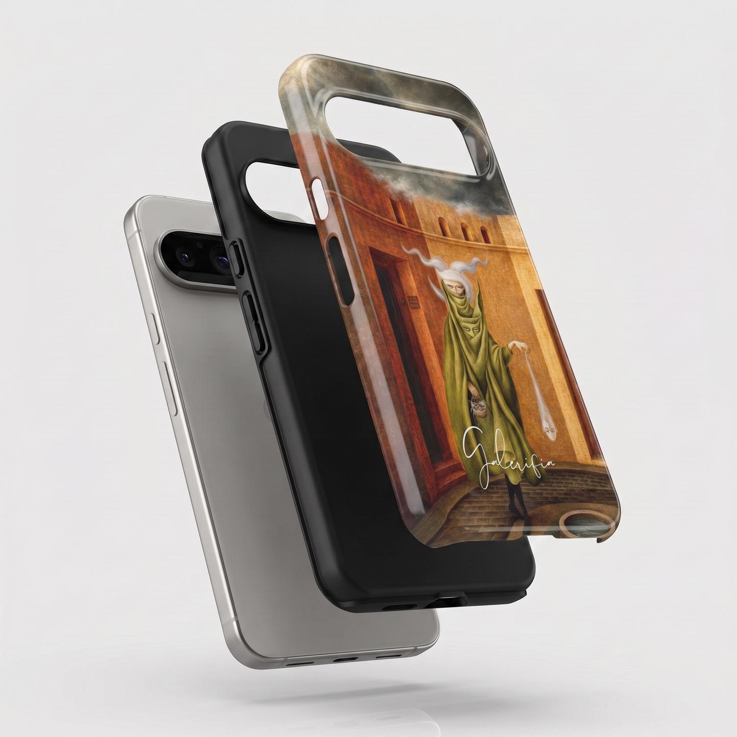 Exploded view of tough Google Pixel case featuring Mujer saliendo del psicoanalista by Remedios Varo artwork