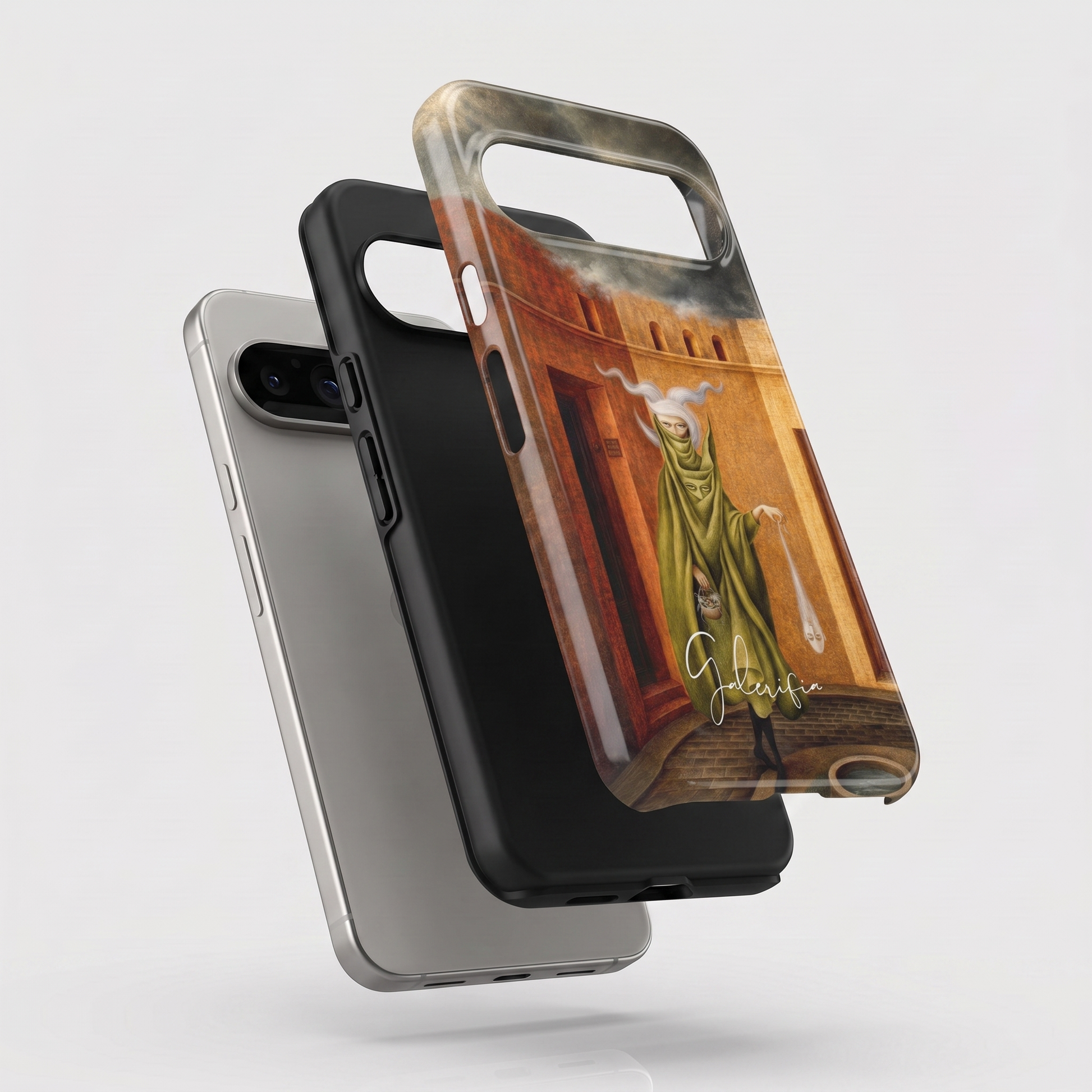 Exploded view of tough Google Pixel case featuring Mujer saliendo del psicoanalista by Remedios Varo artwork