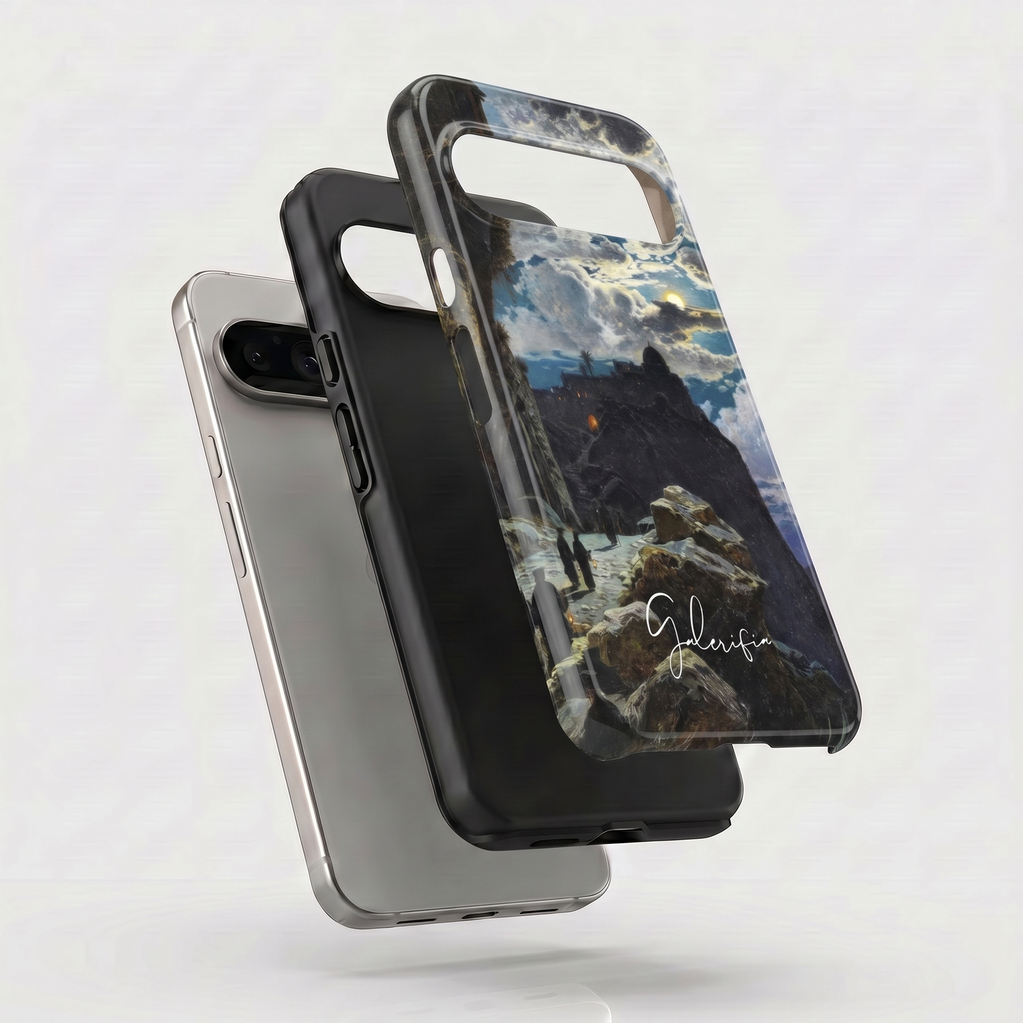 Exploded view of tough Google Pixel case featuring Nightly Walk of the Monks to the Mount Athos by Hermann Corrodi artwork