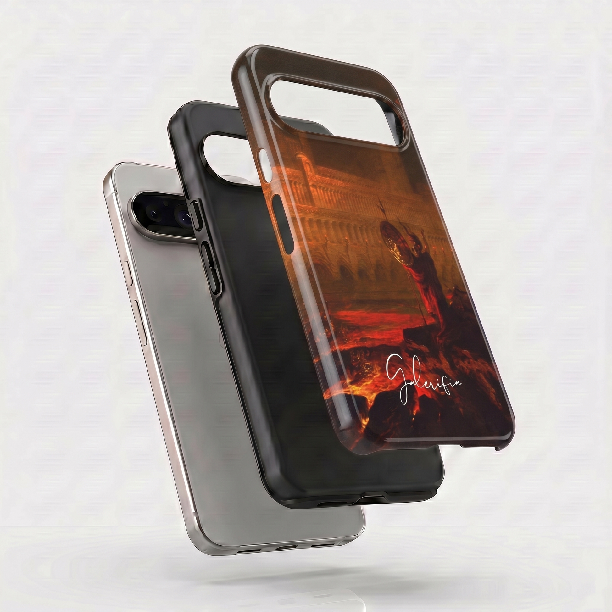 Exploded view of tough Google Pixel case featuring Pandemonium by John Martin artwork