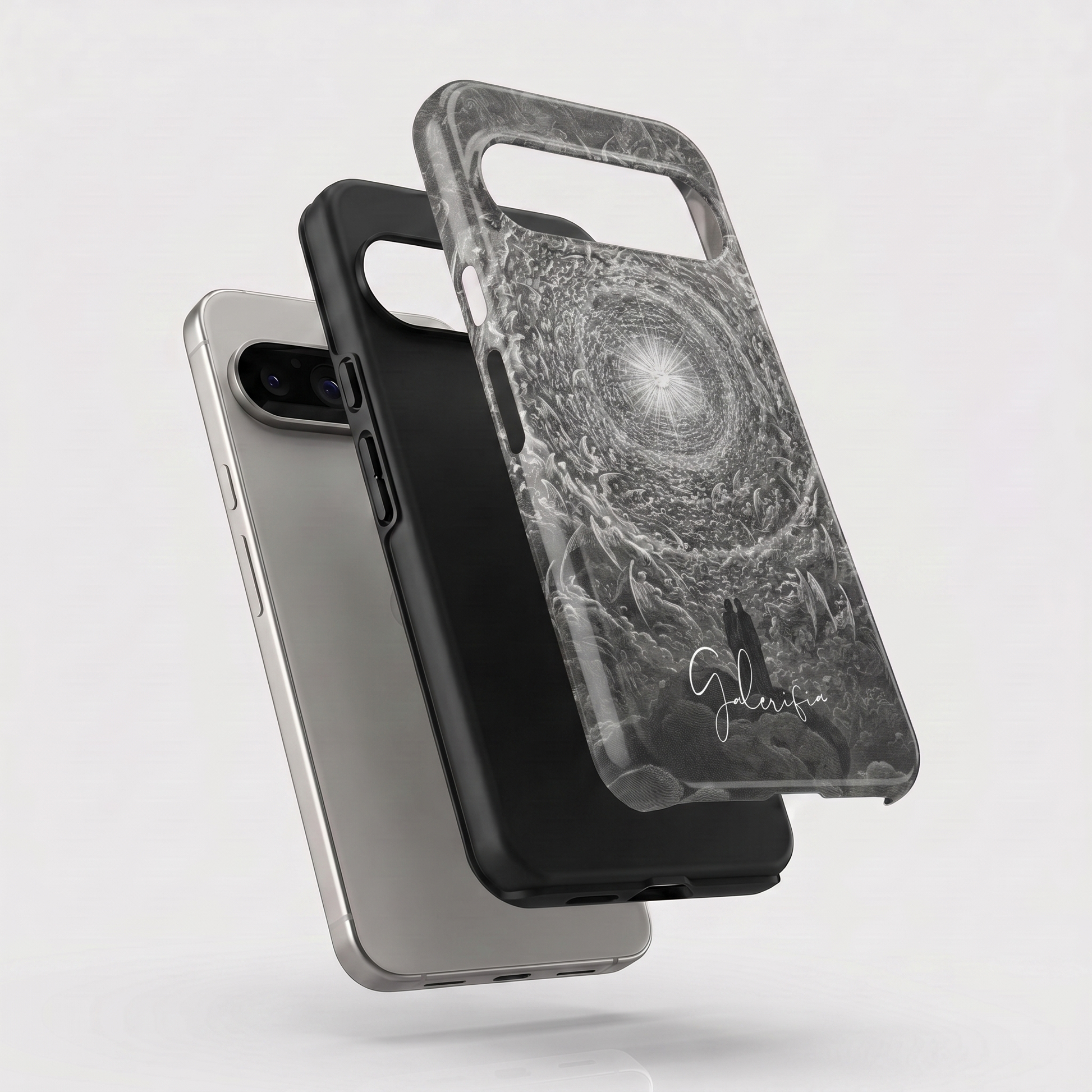 Exploded view of tough Google Pixel case featuring Paradiso Canto 34 by Gustave Doré artwork