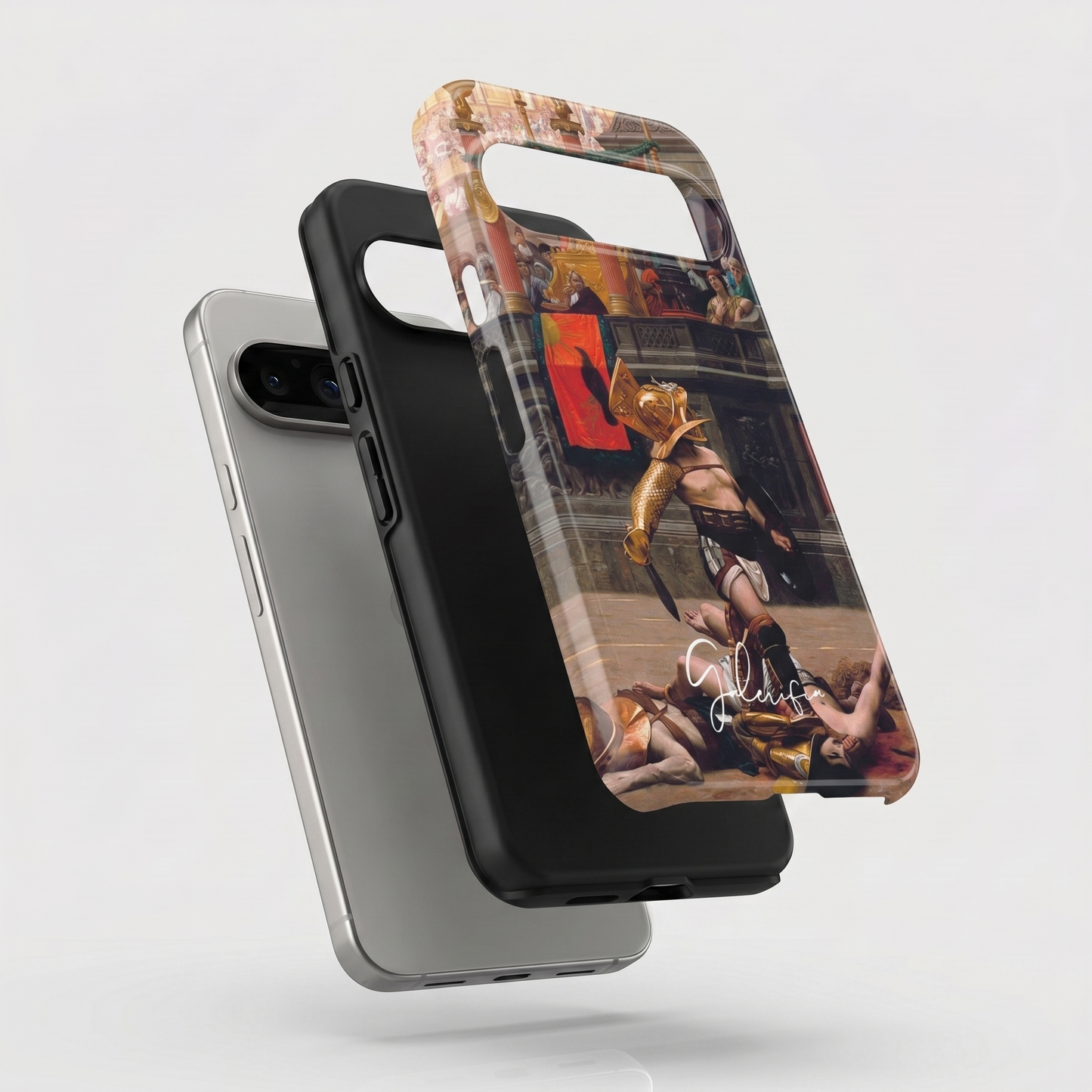 Exploded view of tough Google Pixel case featuring Pollice Verso by Jean-Léon Gérôme artwork