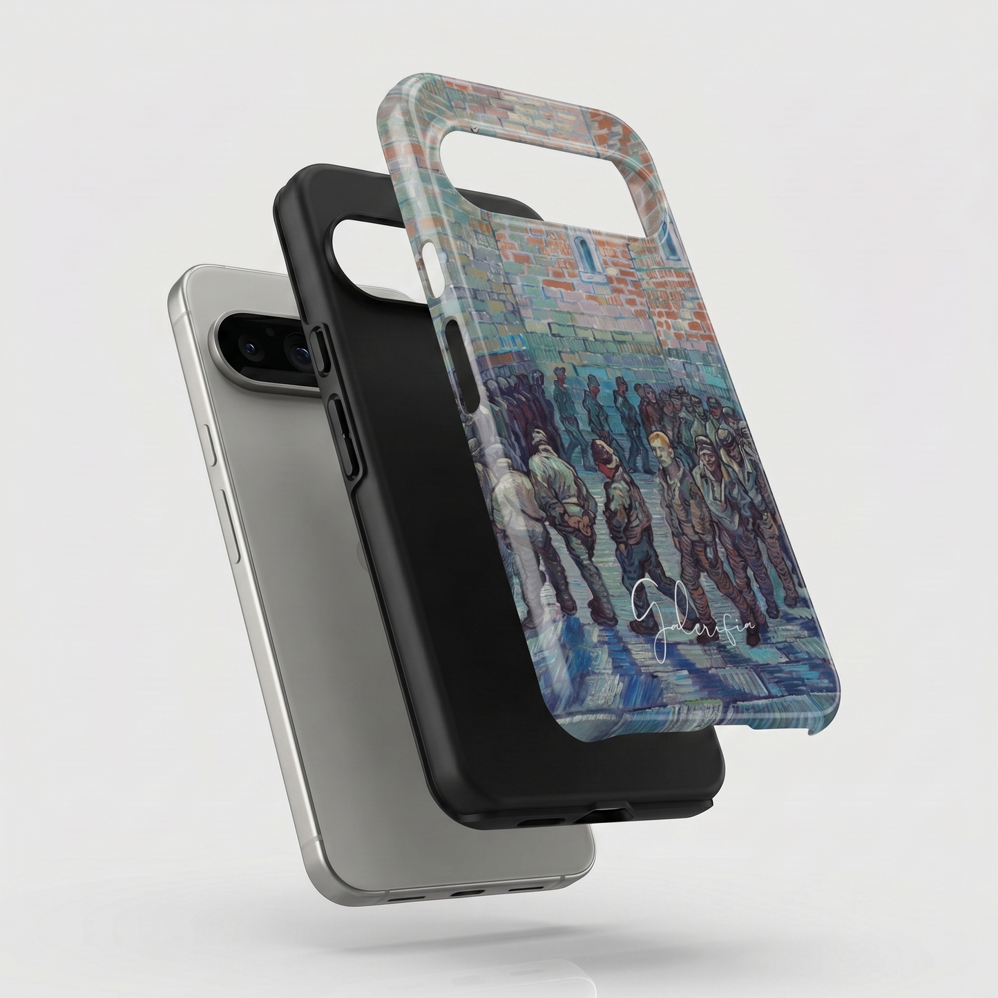 Exploded view of tough Google Pixel case featuring Prisoners Exercising by Vincent van Gogh artwork