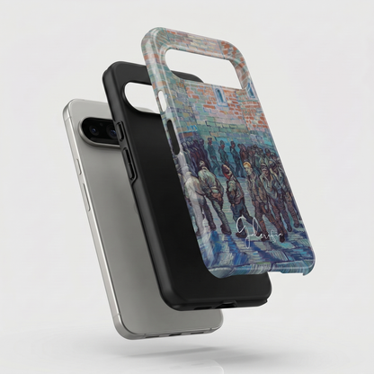 Exploded view of tough Google Pixel case featuring Prisoners Exercising by Vincent van Gogh artwork