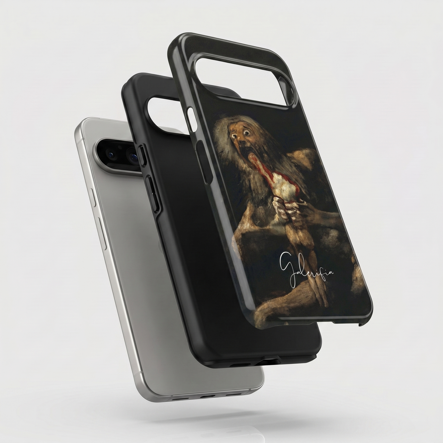 Exploded view of tough Google Pixel case featuring Saturn Devouring His Son by Francisco Goya artwork