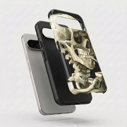 Exploded view of tough Google Pixel case featuring Skull of a Skeleton with Burning Cigarette by Vincent van Gogh artwork