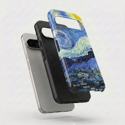 Exploded view of tough Google Pixel case featuring Starry Night by Vincent van Gogh artwork