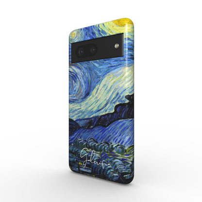 Side profile of Starry Night Vincent van Gogh Google Pixel case showing slim protective edges