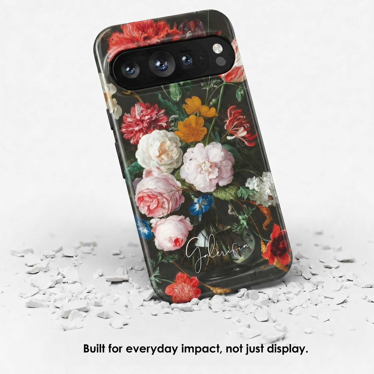 Angled view of Still Life with Flowers in a Glass Vase by Rachel Ruysch tough Google Pixel case