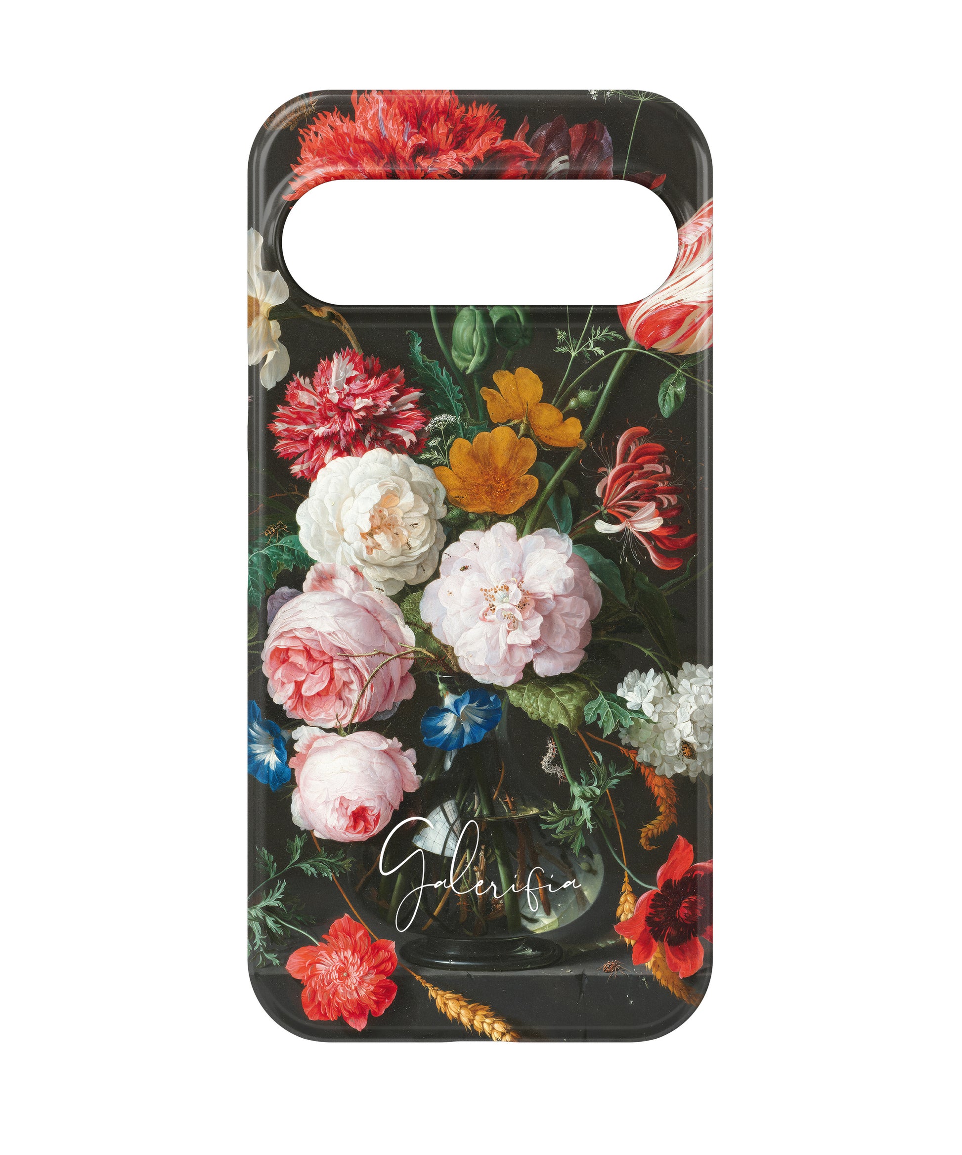 Close-up camera cutout view of Still Life with Flowers in a Glass Vase by Rachel Ruysch Google Pixel phone case